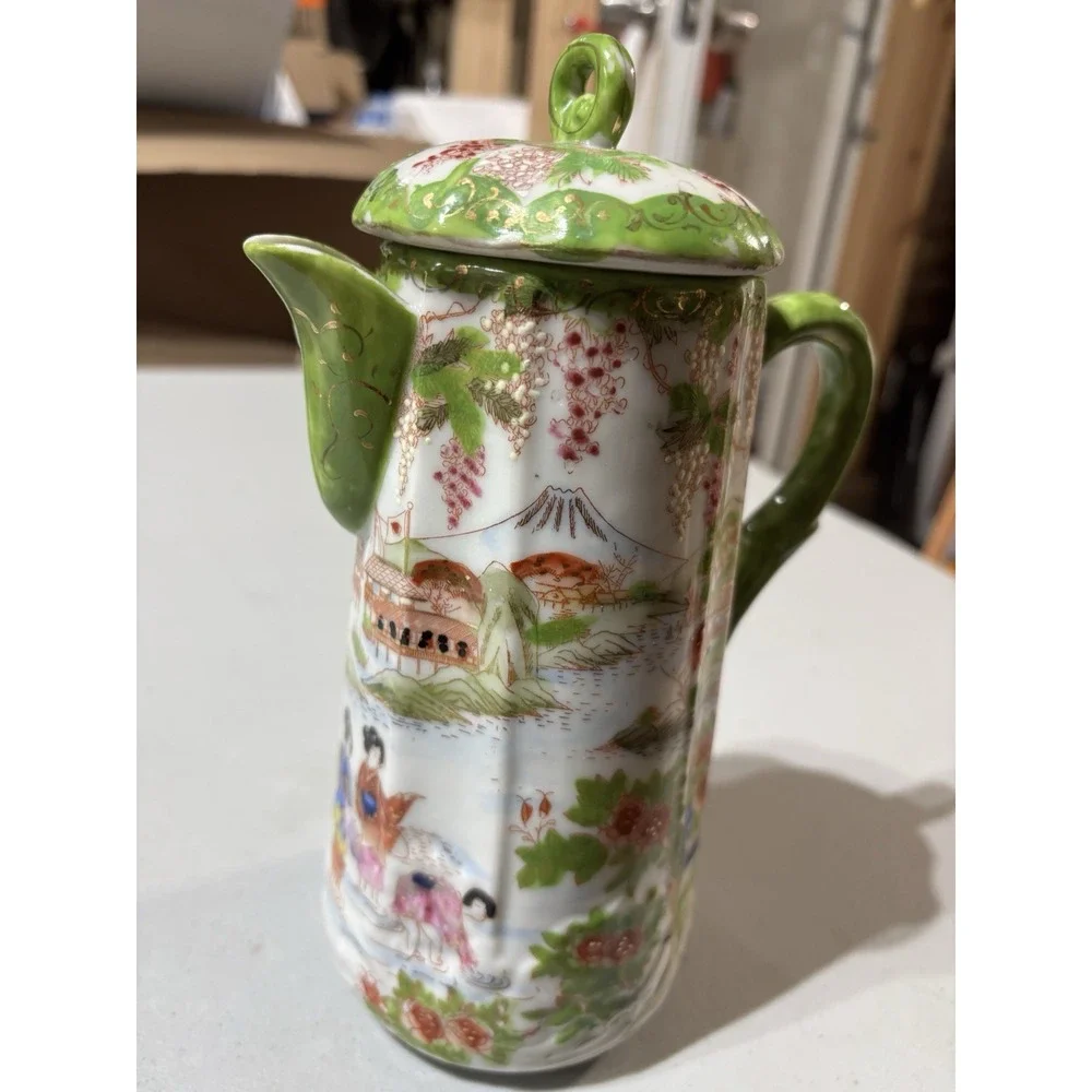 Japanese Geisha Chocolate‎ Pot Green Border Hand Painted Pitcher Teapot